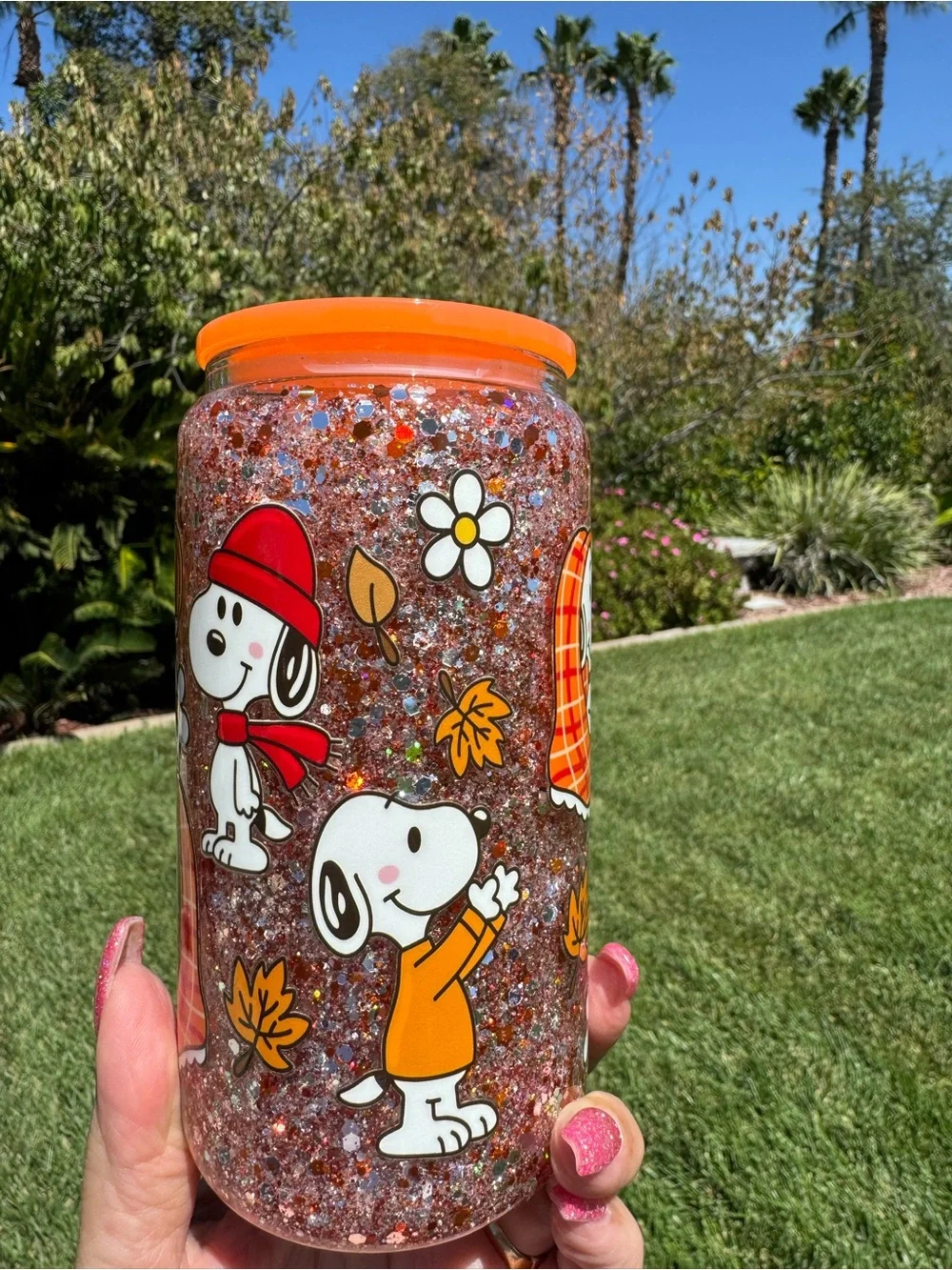 Snoopy Fall autumn snow globe glass Tumble 16oz